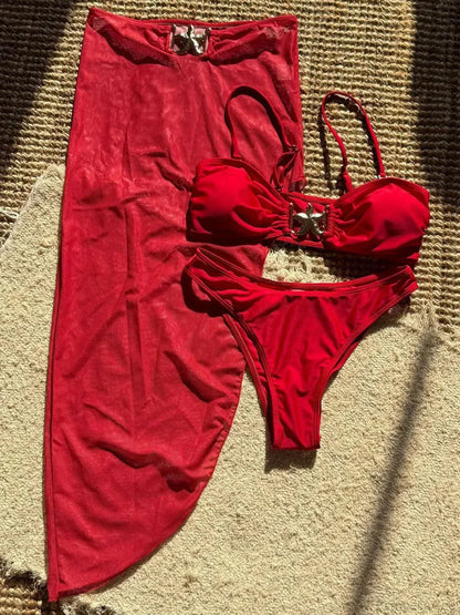 High Cut Brazilian Bikini with Mesh Skirt Three Piece Swimsuit