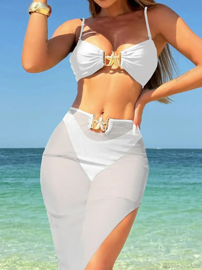 High Cut Brazilian Bikini with Mesh Skirt Three Piece Swimsuit