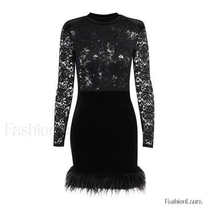 High Neck Long Sleeve Floral Lace Panel Trim Mini Dress - Black