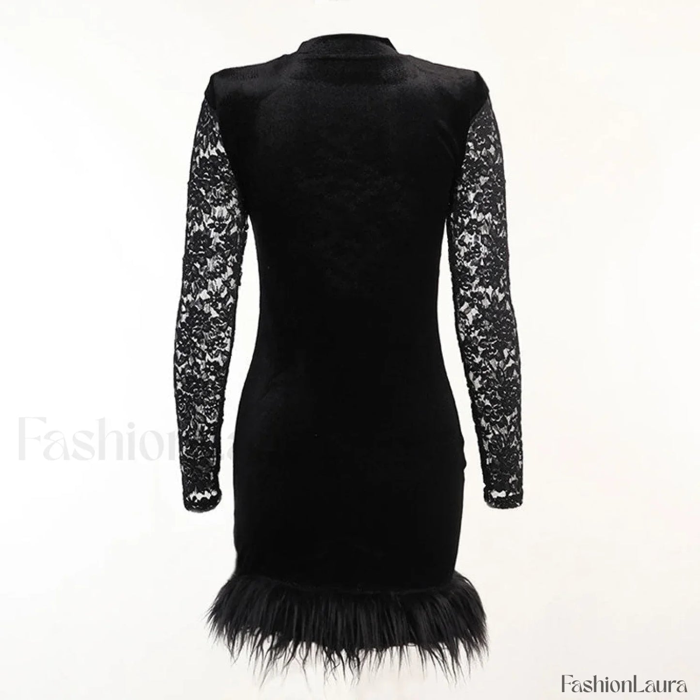 High Neck Long Sleeve Floral Lace Panel Trim Mini Dress - Black