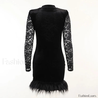 High Neck Long Sleeve Floral Lace Panel Trim Mini Dress - Black