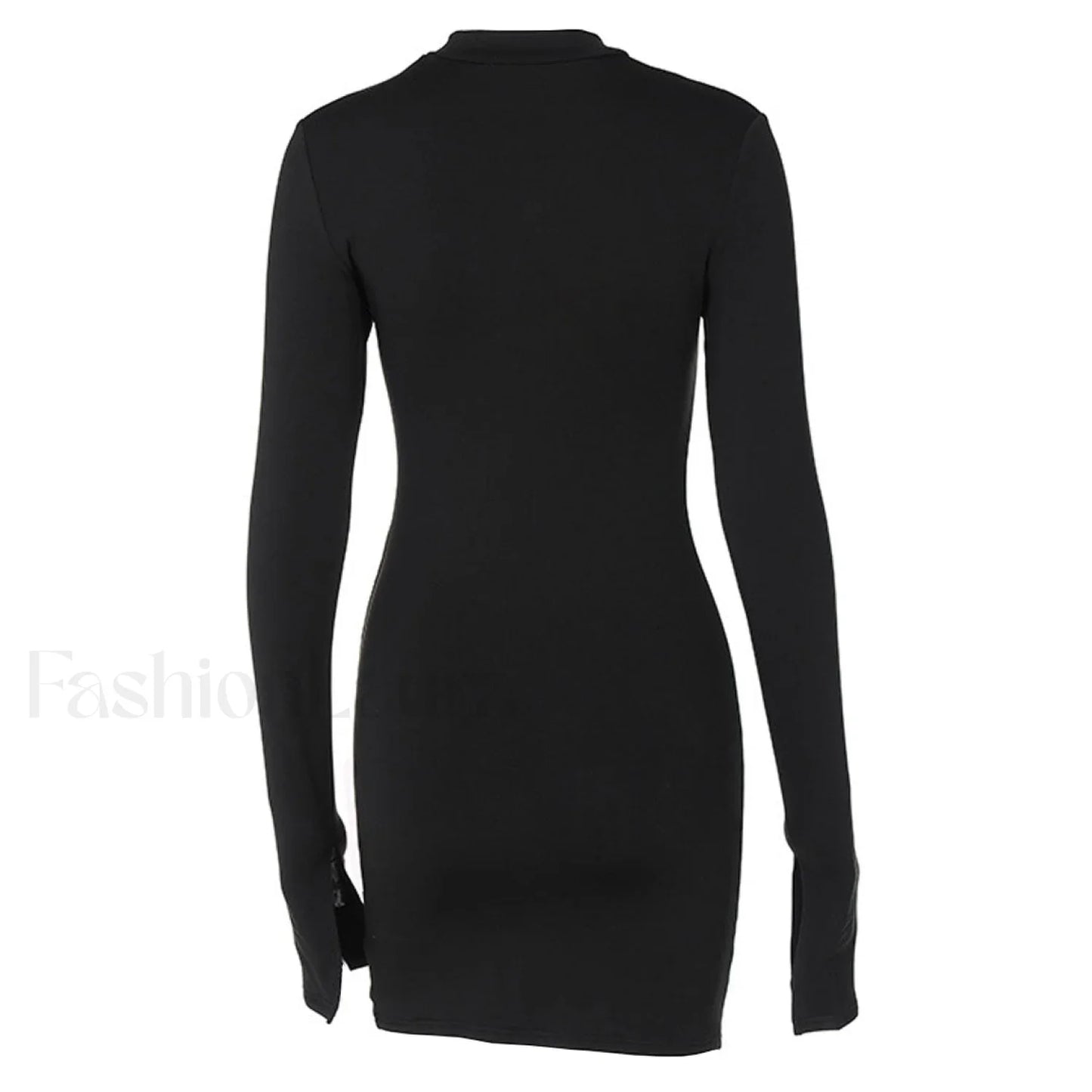 High Neck Long Sleeve Side Split Cutout Mini Dress - Black