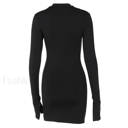 High Neck Long Sleeve Side Split Cutout Mini Dress - Black
