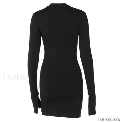 High Neck Long Sleeve Side Split Cutout Mini Dress - Black