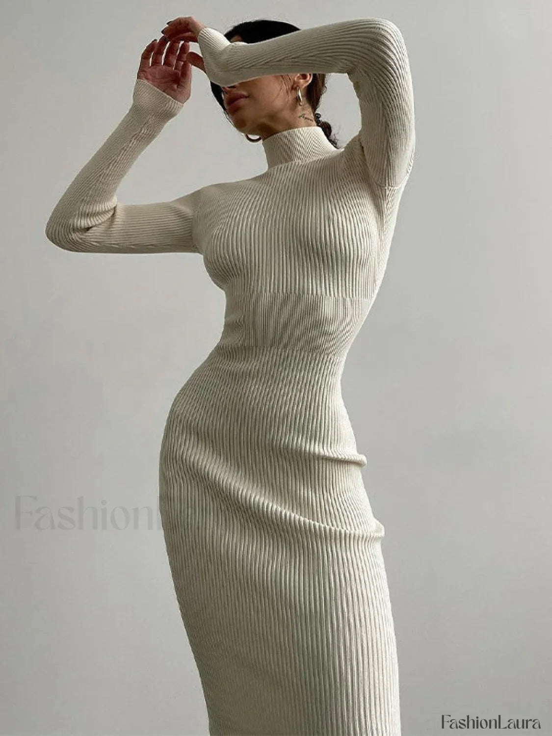 High Neck Ribbed Knit Long Sleeve Maxi Dress