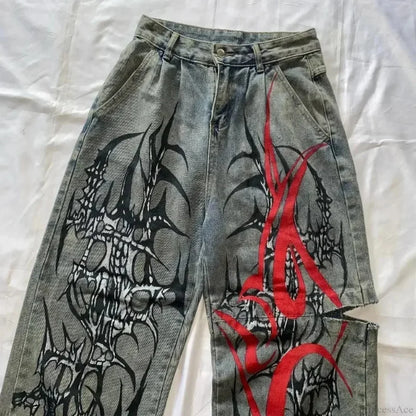 High-Street Printed Wide-Leg Denim Pants