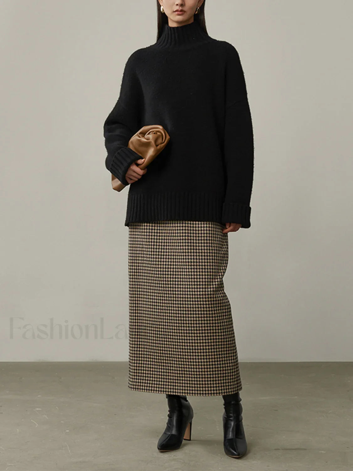 High Waist Graceful Houndstooth Midi Skirt