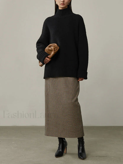 High Waist Graceful Houndstooth Midi Skirt