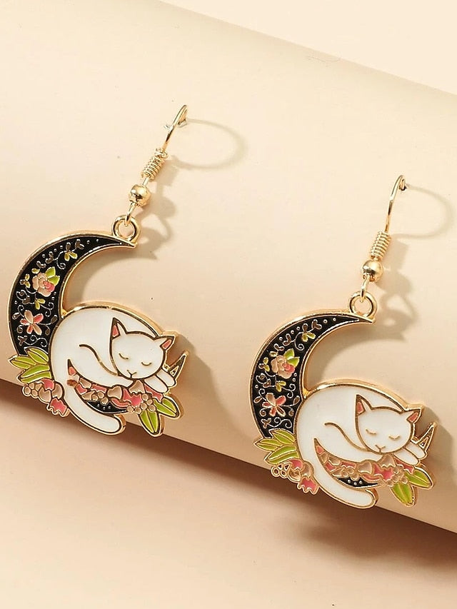 1 Pair Drop Earrings For Party Evening Gift Birthday Alloy Monogram Cat Moon for Women