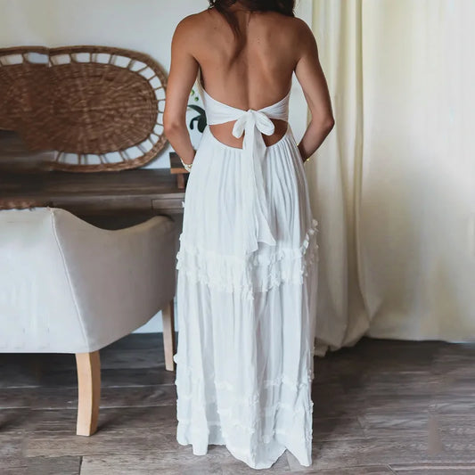 Chest Wrap Halter Ruffles Trim Maxi Boho Dress