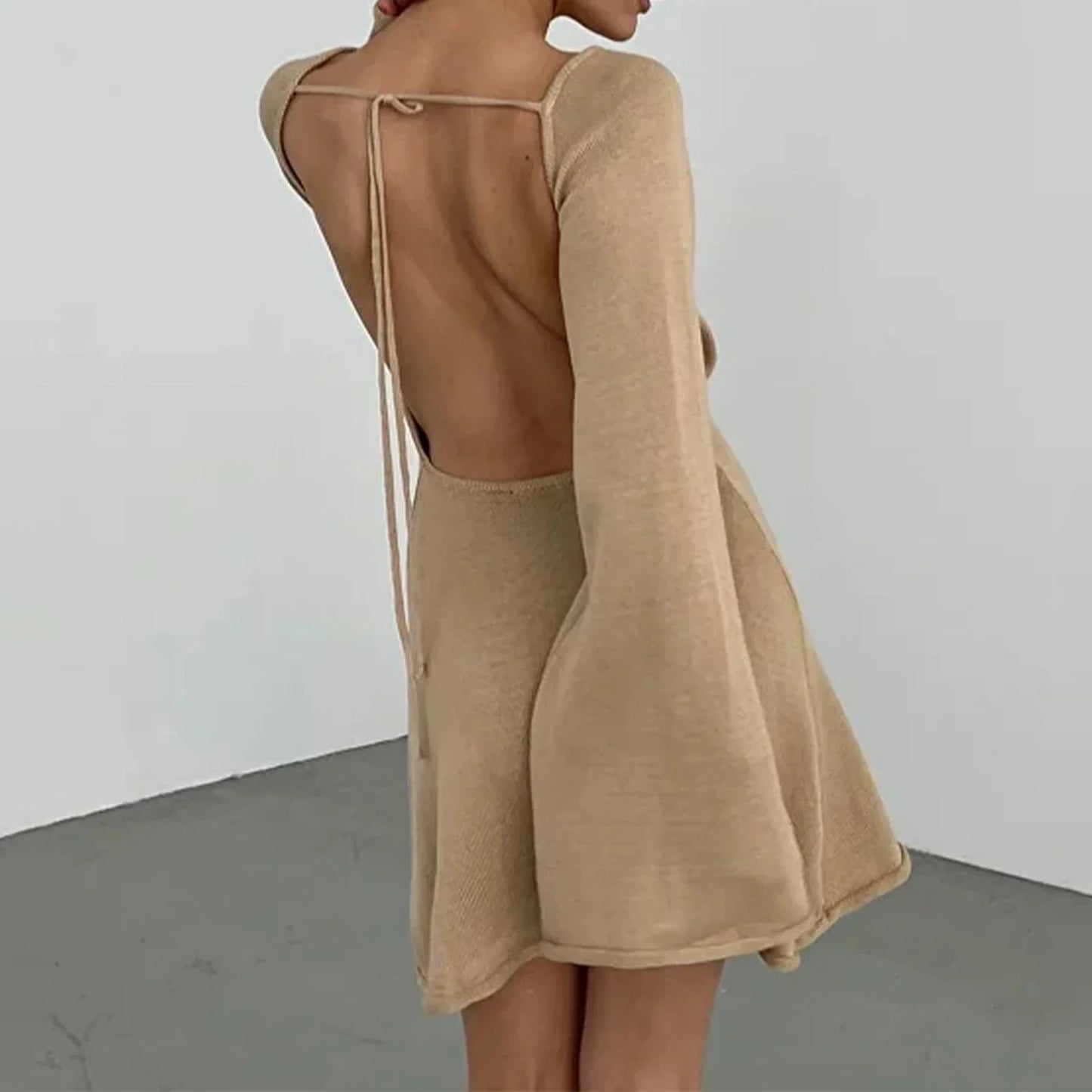 Women Knitted Casual Solid Color Backless Long Sleeve Party Streetwear Mini Dress