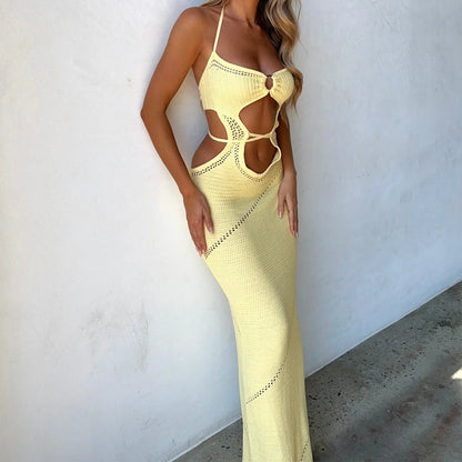 FashionSierra - Women's Sleeveless Knit Long Summer Spring Solid Color Halter Front Cutout Back Maxi Dress