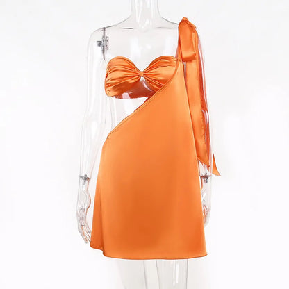 Women Summer Casual Solid Color One Shoulder Wrap Chest Hollow-Out Fashion Temperament Cut Out Dress