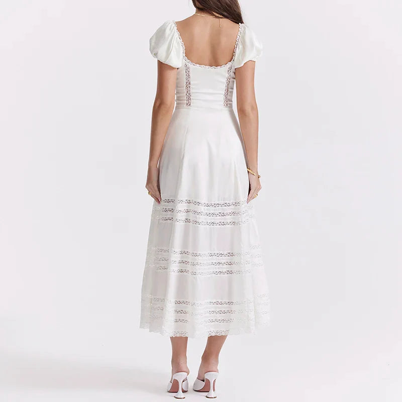 French Vintage Lace Trim A-line Women Square Collar Puff Sleeve Button Up Maxi Dress