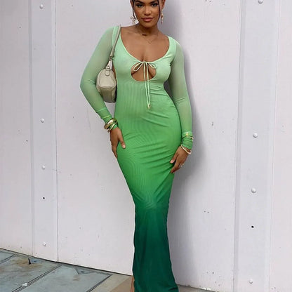 Sleeve Backless Hollow Out Lace Up Slit Sexy Bodycon Fall Women Birthday Party Cut Out Dress