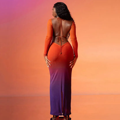 Sleeve Backless Hollow Out Lace Up Slit Sexy Bodycon Fall Women Birthday Party Cut Out Dress