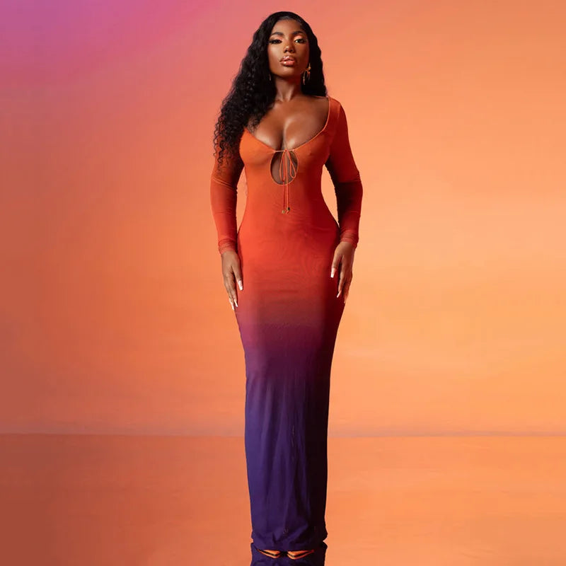 Sleeve Backless Hollow Out Lace Up Slit Sexy Bodycon Fall Women Birthday Party Cut Out Dress