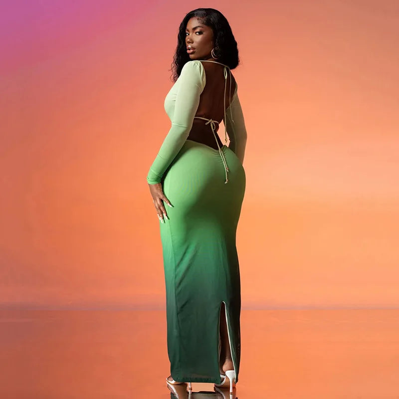 Sleeve Backless Hollow Out Lace Up Slit Sexy Bodycon Fall Women Birthday Party Cut Out Dress