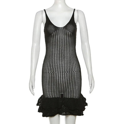 Knit Hipster See Through Pleated Hem Deep v-Neck Backless Sleeveless Clubwear Mini Dress