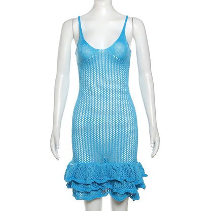 Knit Hipster See Through Pleated Hem Deep v-Neck Backless Sleeveless Clubwear Mini Dress