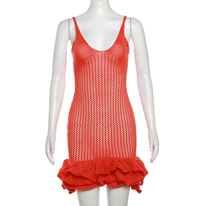 Knit Hipster See Through Pleated Hem Deep v-Neck Backless Sleeveless Clubwear Mini Dress