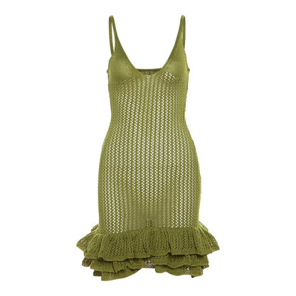 Knit Hipster See Through Pleated Hem Deep v-Neck Backless Sleeveless Clubwear Mini Dress