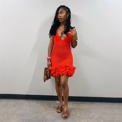 Knit Hipster See Through Pleated Hem Deep v-Neck Backless Sleeveless Clubwear Mini Dress