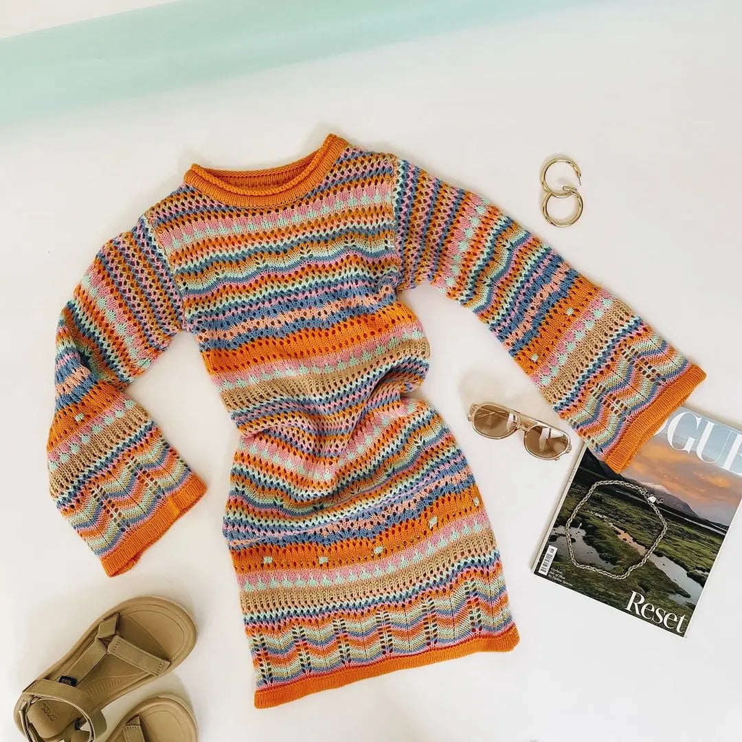 Knitted Sleeve Midi Pullover Autumn Winter Print Panelled Hollow Out Streetwear Top