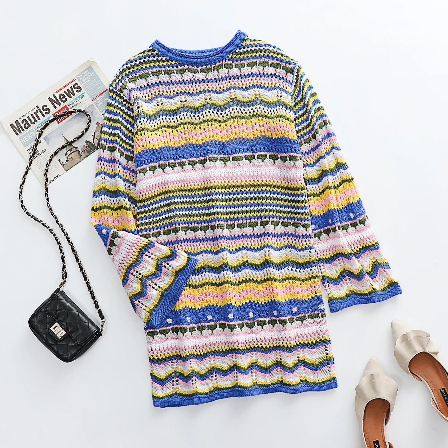 Knitted Sleeve Midi Pullover Autumn Winter Print Panelled Hollow Out Streetwear Top