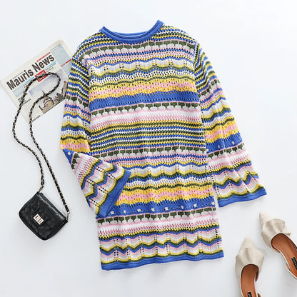 Knitted Sleeve Midi Pullover Autumn Winter Print Panelled Hollow Out Streetwear Top