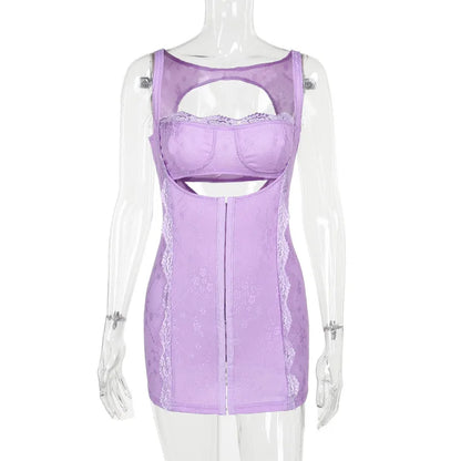 Lace Hollow Out Backless For Women Fashion Strapless Sleeveless Bodycon Mini Dress