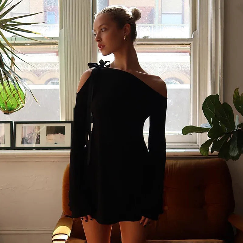 Lace Up For Women Off Shoulder Slim Long Sleeve Mini Dress