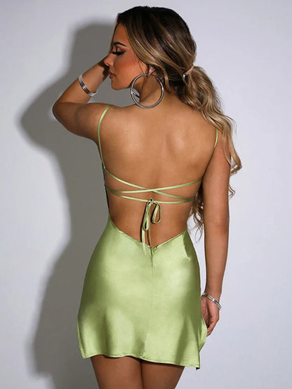 FashionSierra - Satin Summer Fashion Solid Color Sleeveless Women Bodycon Y2K Club Party for Weddings Mini Dress