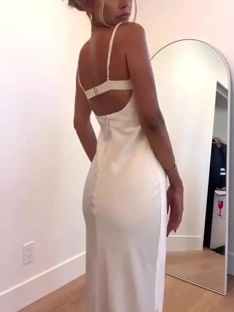 FashionSierra - Women Summer Spaghetti Strap Bodycon Long Solid Color Slim Fit Sleeveless Backless Lace Bust Maxi Dress