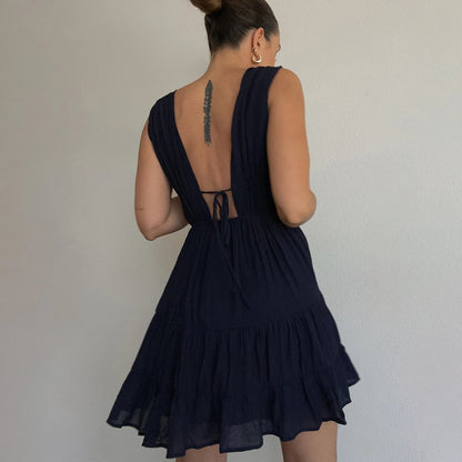Formal Prom Gowns Evening Party Tank Women Sleeveless Deep V-Neck Solid Cut Out Dress