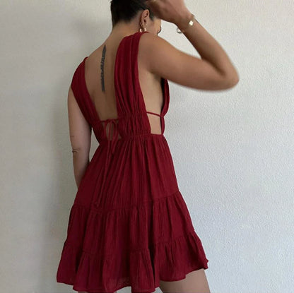 Formal Prom Gowns Evening Party Tank Women Sleeveless Deep V-Neck Solid Cut Out Dress