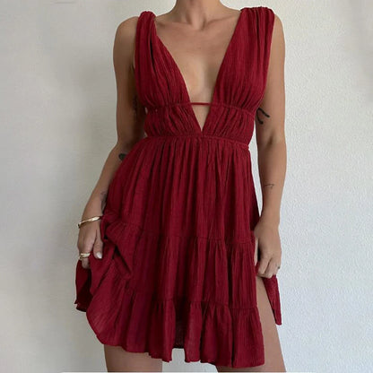 Formal Prom Gowns Evening Party Tank Women Sleeveless Deep V-Neck Solid Cut Out Dress