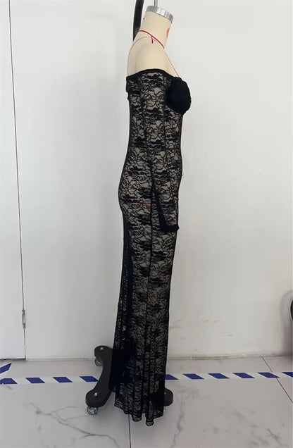 FashionSierra - Women���s Slim Long Dress Sheer Lace Flower See Through Long-sleeve Off Shoulder Maxi Dress