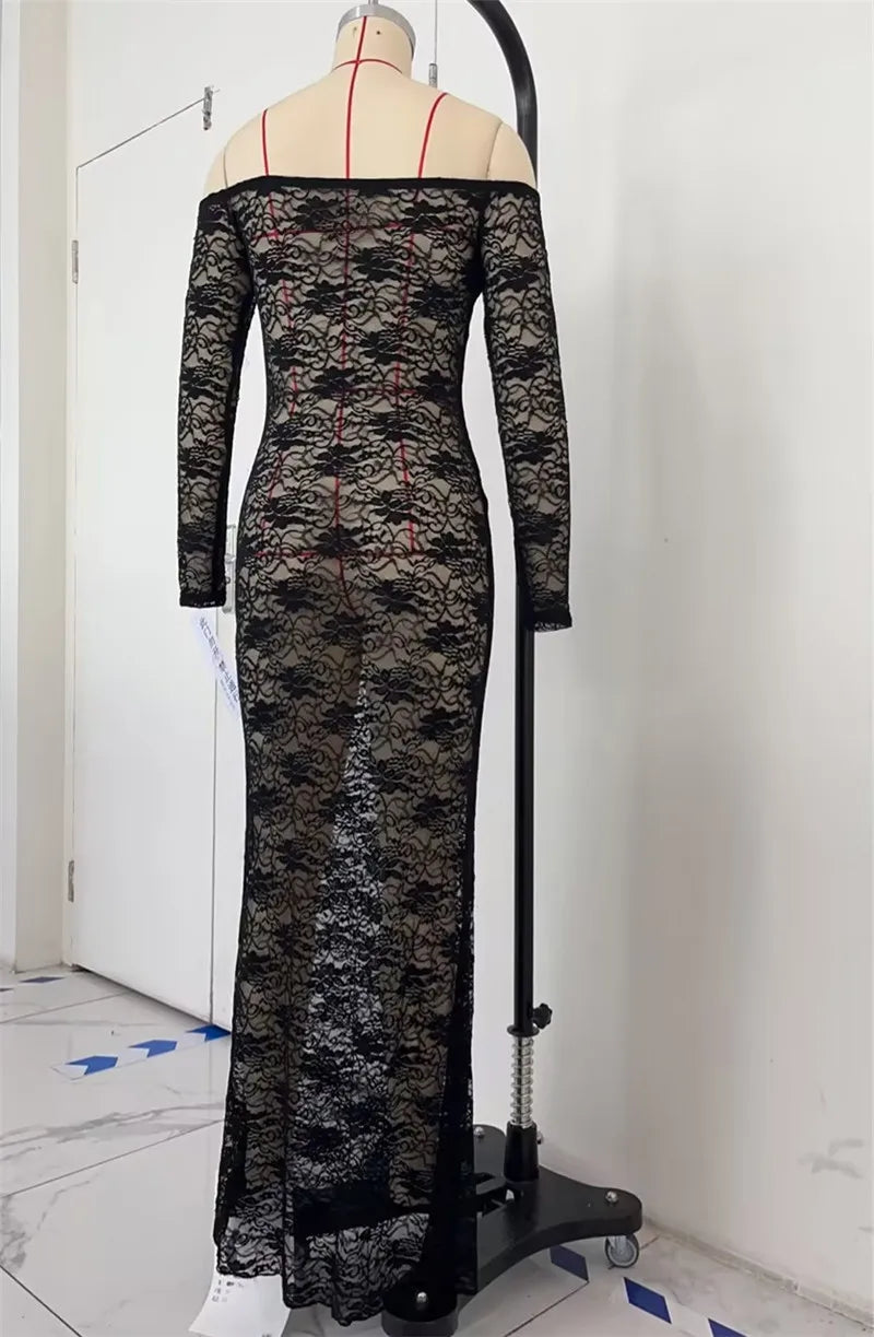 FashionSierra - Women���s Slim Long Dress Sheer Lace Flower See Through Long-sleeve Off Shoulder Maxi Dress