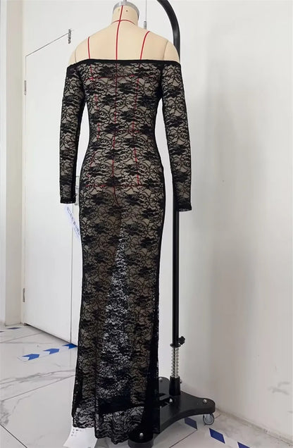 FashionSierra - Women���s Slim Long Dress Sheer Lace Flower See Through Long-sleeve Off Shoulder Maxi Dress