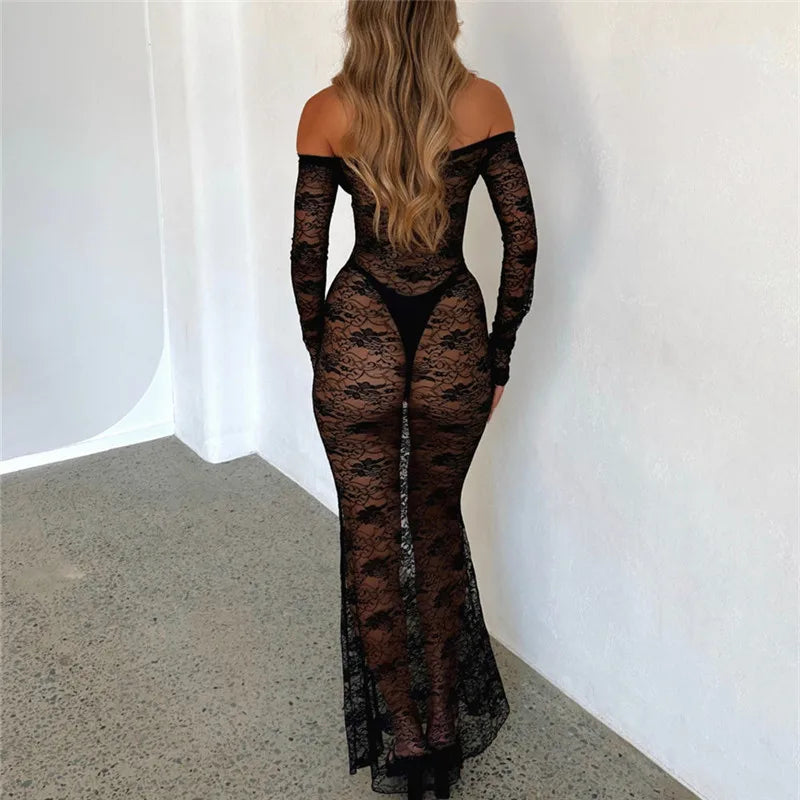 FashionSierra - Women���s Slim Long Dress Sheer Lace Flower See Through Long-sleeve Off Shoulder Maxi Dress