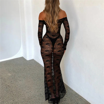 FashionSierra - Women���s Slim Long Dress Sheer Lace Flower See Through Long-sleeve Off Shoulder Maxi Dress