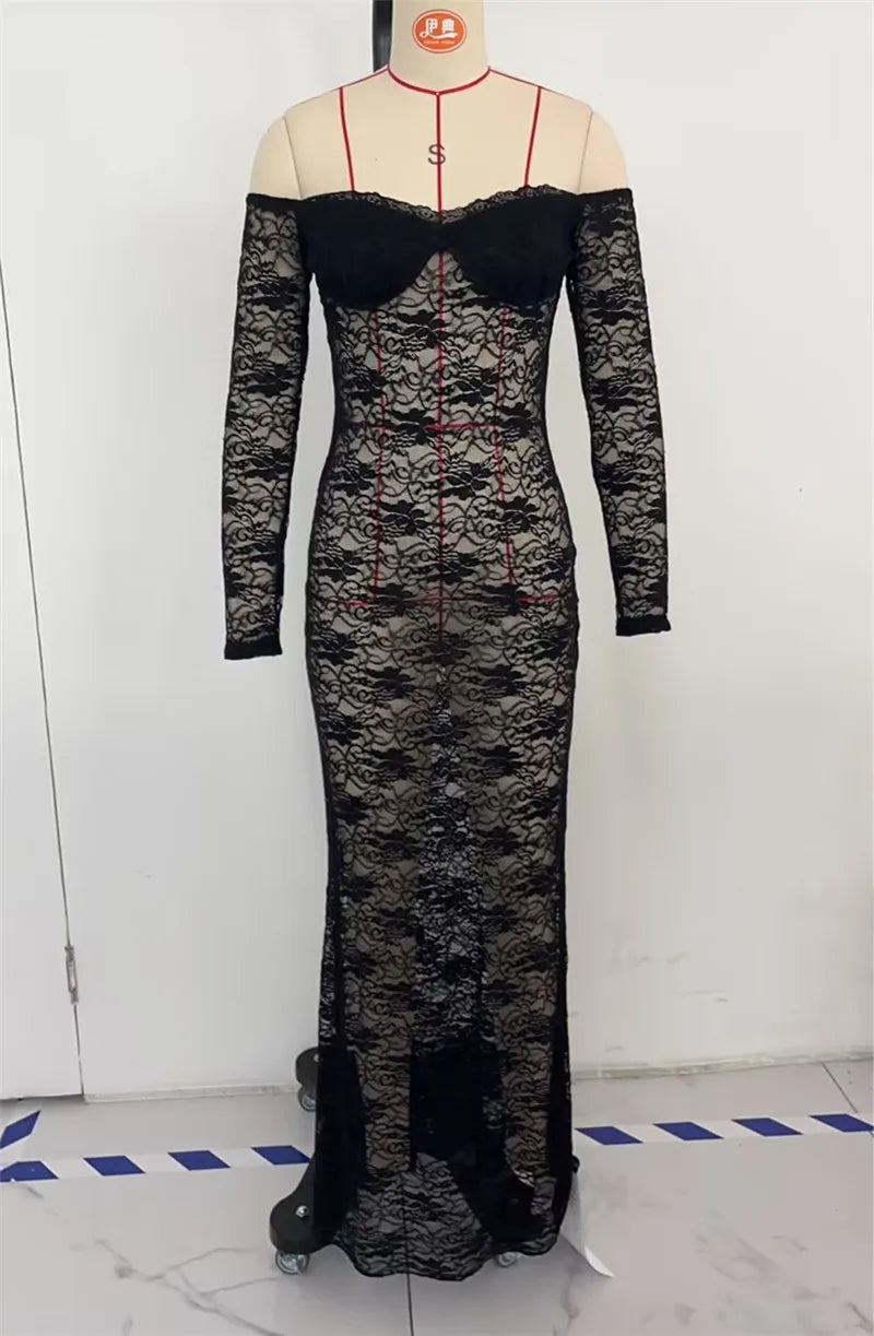 FashionSierra - Women���s Slim Long Dress Sheer Lace Flower See Through Long-sleeve Off Shoulder Maxi Dress