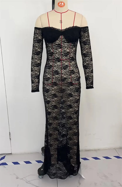 FashionSierra - Women���s Slim Long Dress Sheer Lace Flower See Through Long-sleeve Off Shoulder Maxi Dress