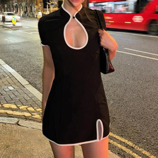 Vintage Cheongsam Women Patchwork Mandarin Collar Keyhole Short Sleeve Cut Out Dress