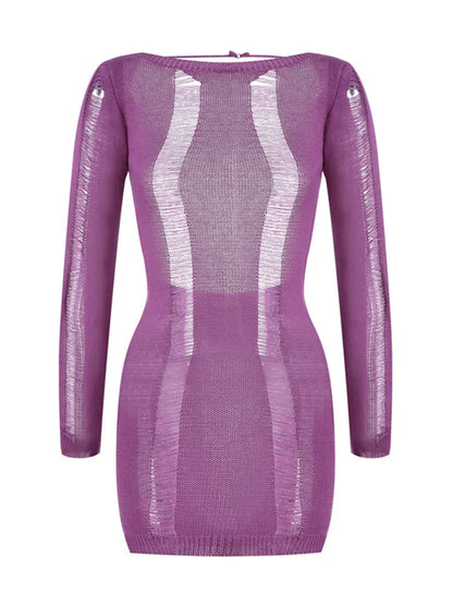 Knitted Bodycon Hollow Out Long Sleeve Beach See Through Striped Party Mini Dress