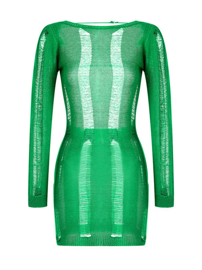 Knitted Bodycon Hollow Out Long Sleeve Beach See Through Striped Party Mini Dress