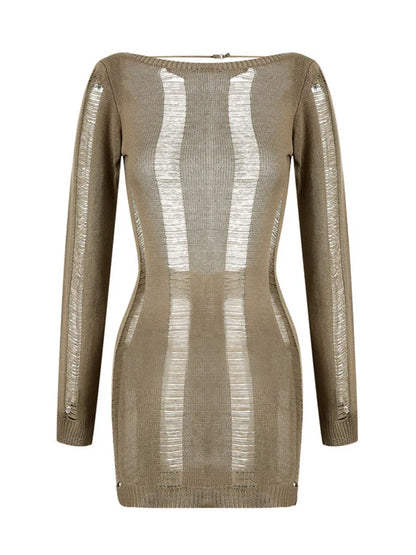 Knitted Bodycon Hollow Out Long Sleeve Beach See Through Striped Party Mini Dress