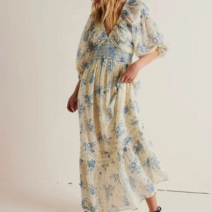 Chiffon Tiered Swing Deep V Neck Puff Sleeve Women's Boho Dress