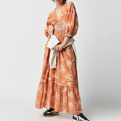 Chiffon Tiered Swing Deep V Neck Puff Sleeve Women's Boho Dress